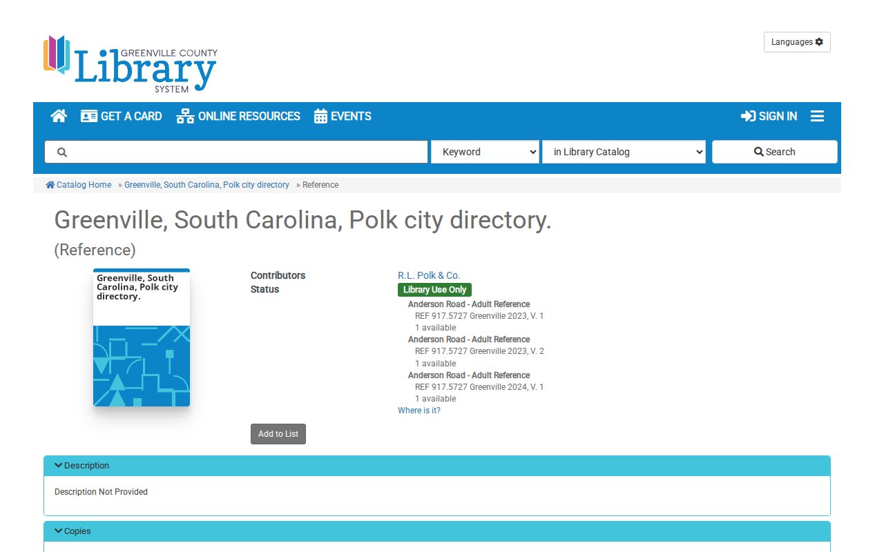 Mauldin city directory Polk catalog record at Greenville County Library