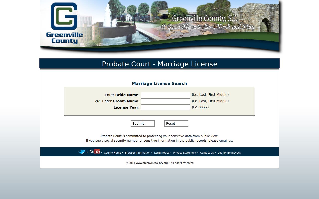 Mauldin resident lookup screenshot of the Greenville marriage-license search